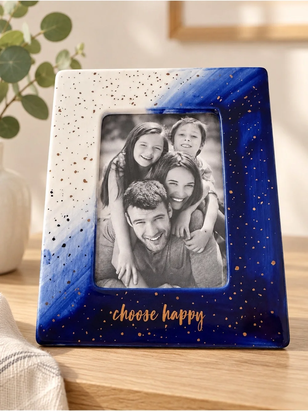 Choose Happy Blue Gold Ceramic 4x6 Picture Frame Inspirational Home Decor